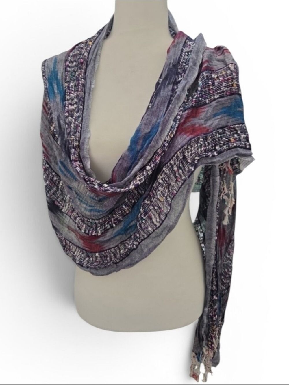 Gray Blue Red Multicolor Textured Scarf Women's